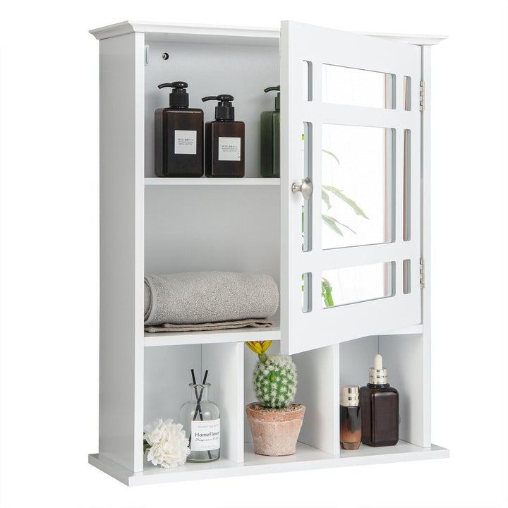 Mirror Door Cabinet with Adjustable Shelf and 3 Compartments-White