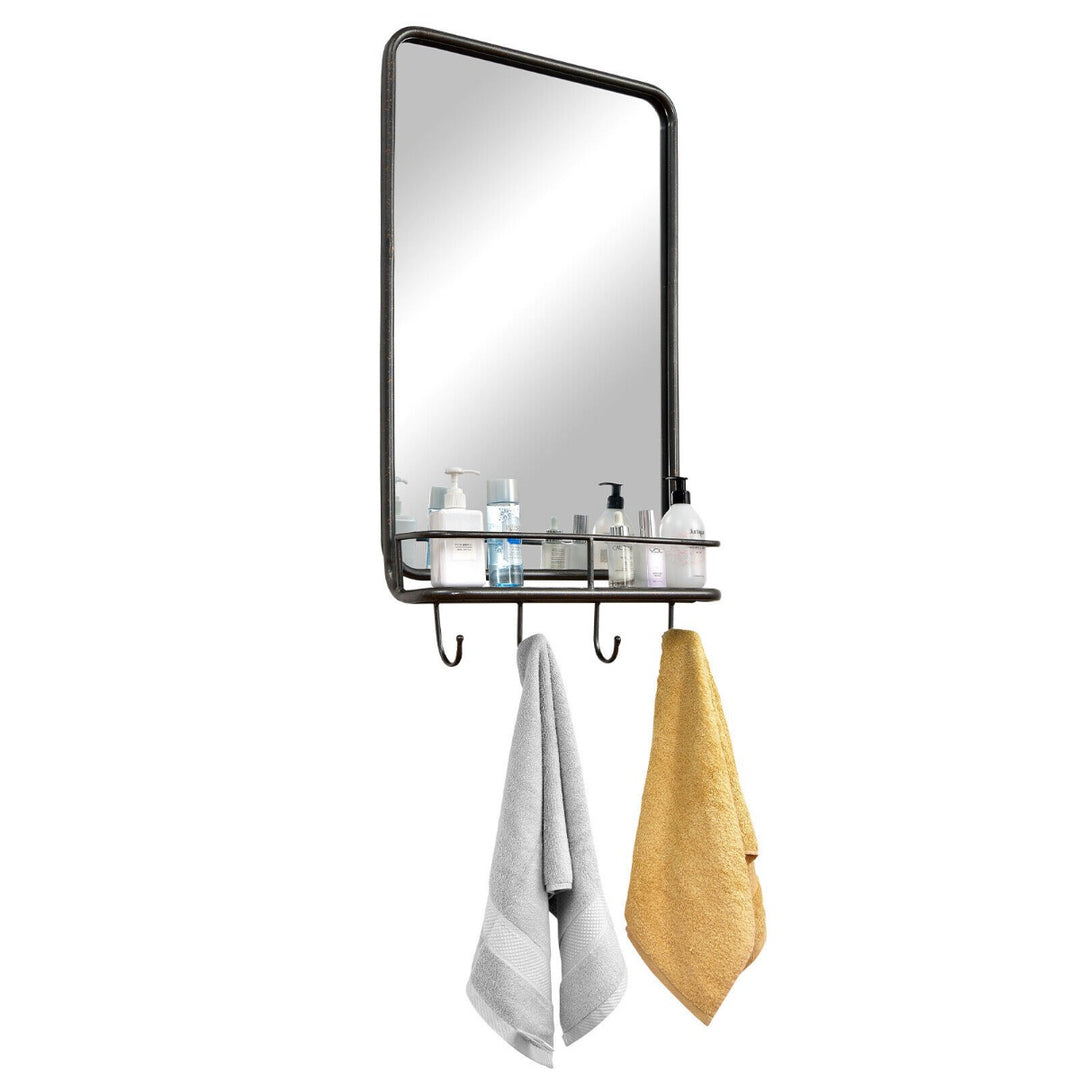 Wall-Mounted Rectangular Bathroom Mirror with Storage Shelf and Hooks