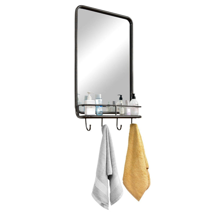 Wall-Mounted Rectangular Bathroom Mirror with Storage Shelf and Hooks