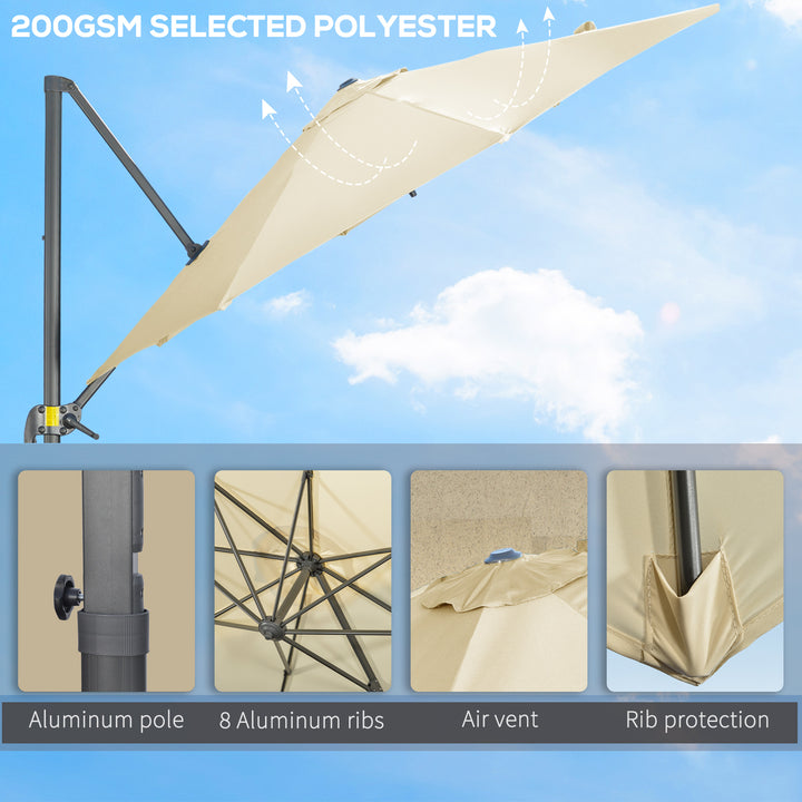 3 x 3(m) Cantilever Parasol with Cross Base, Garden Umbrella with 360° Rotation, Crank Handle and Tilt for Outdoor, Patio, Cream White