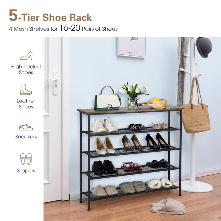 Shoe Storage Rack with Metal Mesh Shelves- Brown