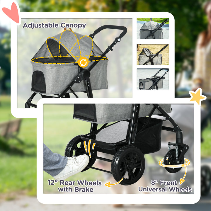 PawHut 2-In-1 Design No-Zip Pet Stroller Detachable Bag Travel Trolley with Shock-absorbing System Brake Basket Adjustable Handlebar Safety Leash Grey