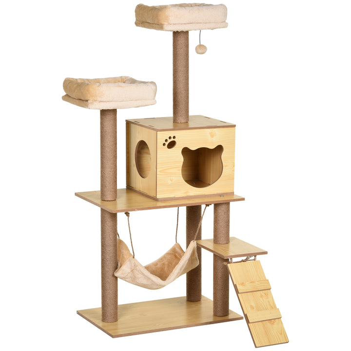 Cat Tree, 130 cm Cat Tree for Indoor Cats, Multi-Level Plush Cat Climbing Tower with 5 Scratching Posts, 2 Perches, Cat Condo, Hammock, Ramp, Toy Ball, Cat Tree for Large Cat, Yellow