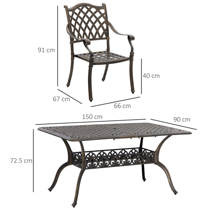 6-Seater Patio Dining Set with Umbrella Hole, Cast Aluminum Patio Furniture Set with Six Cushioned Chairs and Rectangle Dining Table, Bronze