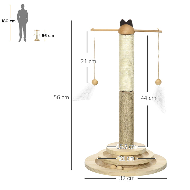 PawHut 56cm Cat Tree, Kitty Activity Center with Turntable Interactive Ball Toy, Cat Tower with Jute & Sisal Scratching Post, Natural