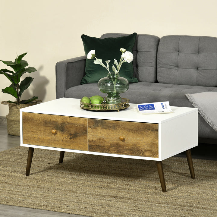 Coffee Table for Living Room, Office, Study Room, Reception Room, w/ 4 Storage Drawers, Sofa Table, Graceful Functional Table, Natural Wood