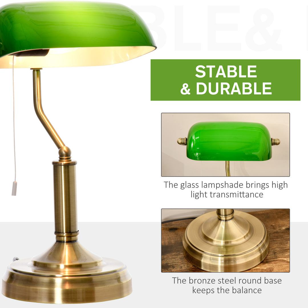 HOMCOM Banker's Table Lamp Desk Lamp with Antique Bronze Base, Green Glass Shade and Pull Rope Switch for Home Office,  Living Room,Dining Room