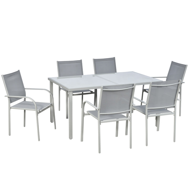 7 Piece Garden Dining Set, Outdoor Table and 6 Stackable Chairs, Steel Frame, Tempered Glass Top Table, Mesh Seats, Grey