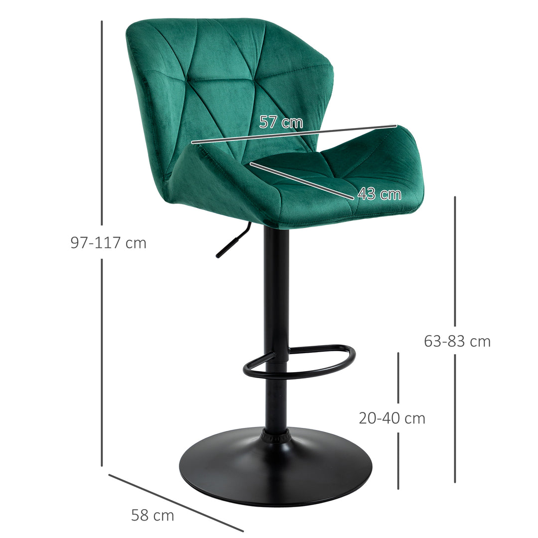 HOMCOM Bar Stools Set Of 2, Luxurious Velvet-Touch Barstools with Metal Frame Footrest Round Base Triangle Indenting Adjustable Height Swivel Green