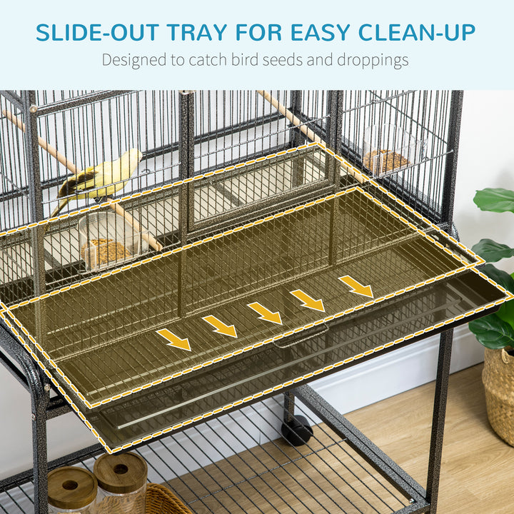 PawHut Bird Cage Metal Canary Cages for Parakeet with Detachable Rolling Stand, Storage Shelf, Wood Perch, Food Container