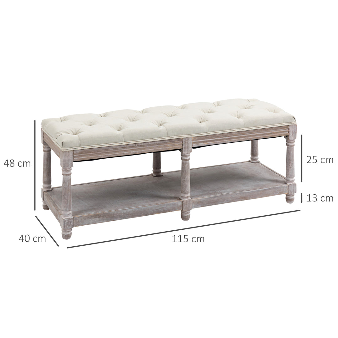 HOMCOM 2 Tier Shoe Rack Bench with Button Tufted Upholstered Cushion, Vintage Bed End Bench, Wooden Window Seat for Hallway, Living Room, Cream White