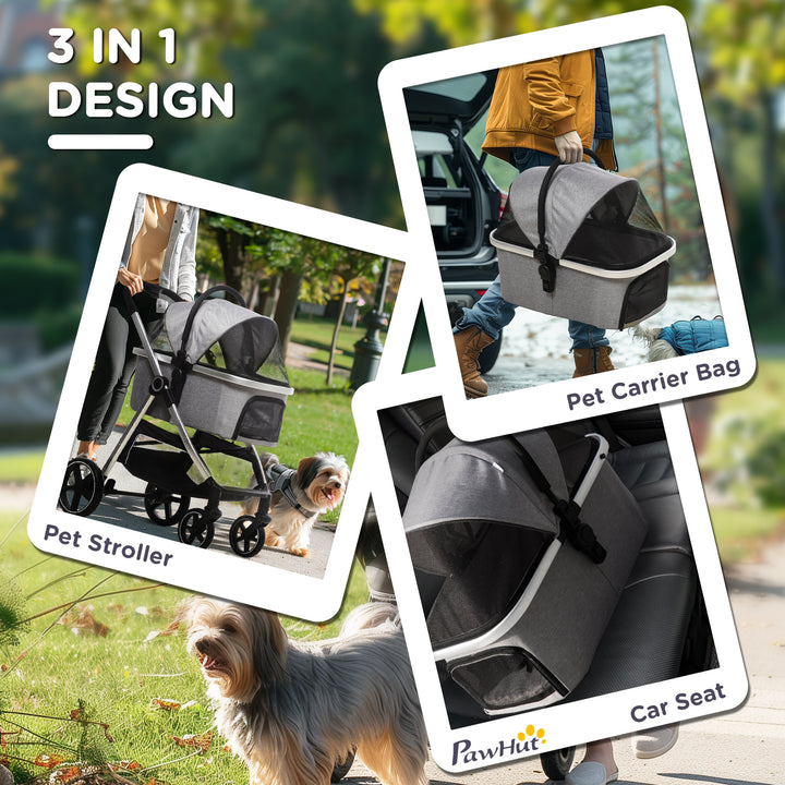 3-In-1 One Click Foldable Pet Stroller Detachable Dog Cat Travel Pushchair Car Seat with EVA Wheels Basket Safety Leash Cushion Light Grey