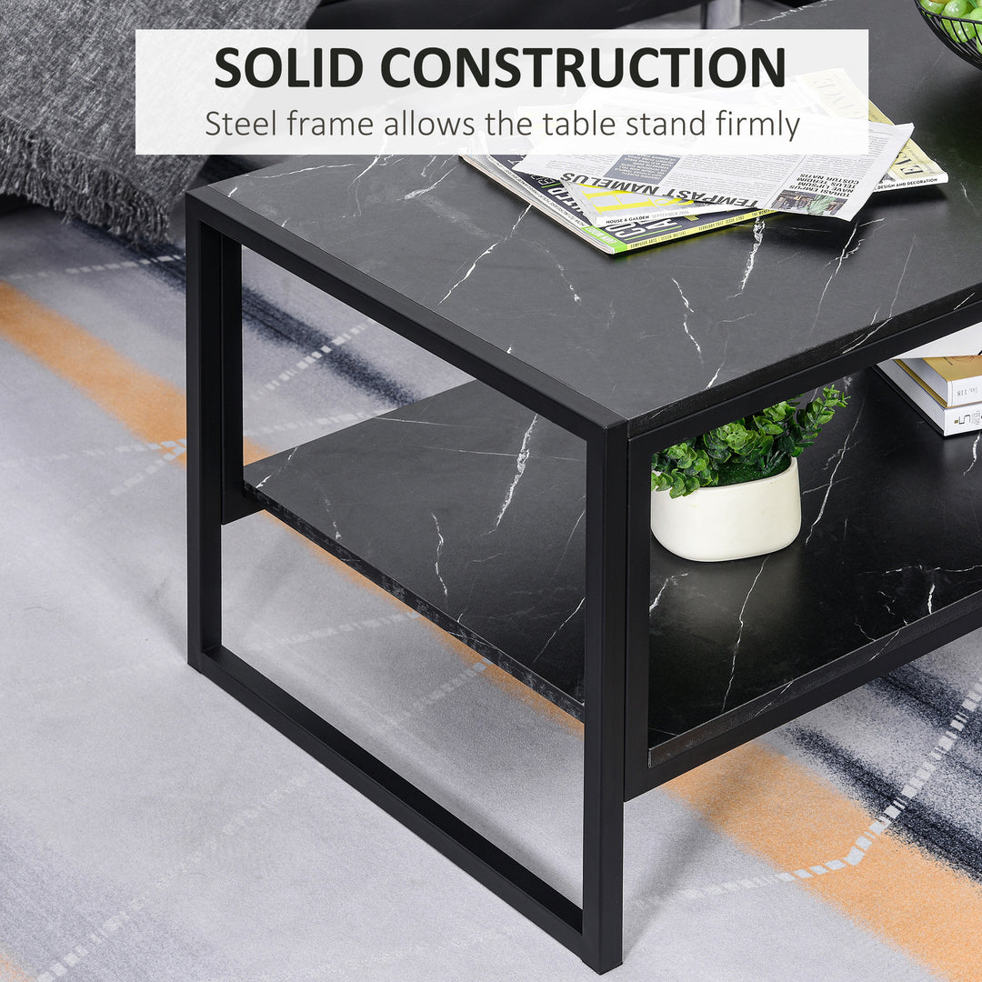 Two-Tier Laminate Marble Print Table Top Coffee Table w/ Metal Frame Foot Pads Elegant Modern Style 2 Shelves Home Display Storage Unit Black