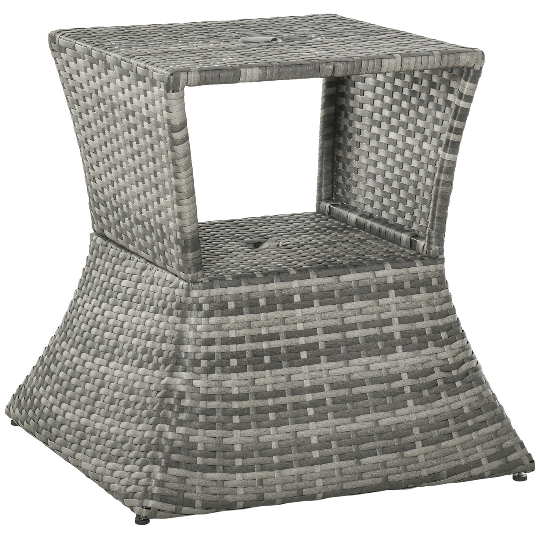 Outdoor Patio Rattan Wicker Coffee Table Bistro Side Table w/ Umbrella Hole and Storage Space, Grey