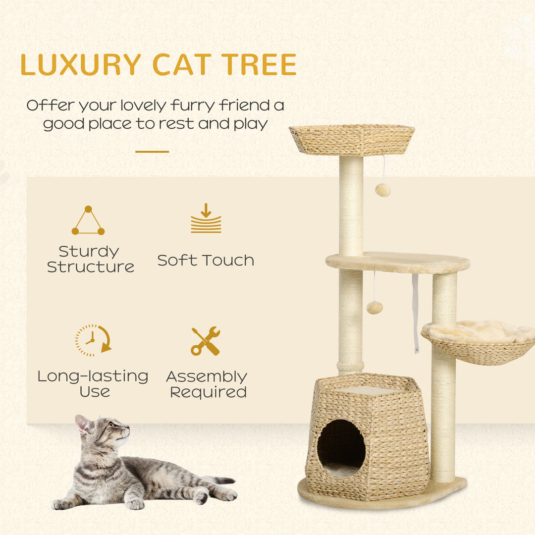 Cat Tree Tower for Indoor Cats, Climbing Activity Centre, Kitten Furniture with Cattail Fluff Bed House, Sisal Scratching Post, Hanging Ball, 50 x 50 x 119cm, Natural