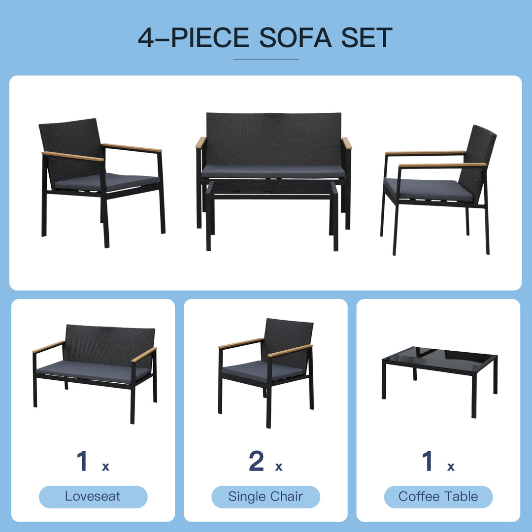 4PC Rattan Garden Furniture Set 2 Single Sofa Arm Chairs 1 Bench Loveseat with Cushions & Coffee Table Patio Backyard Wicker Weave