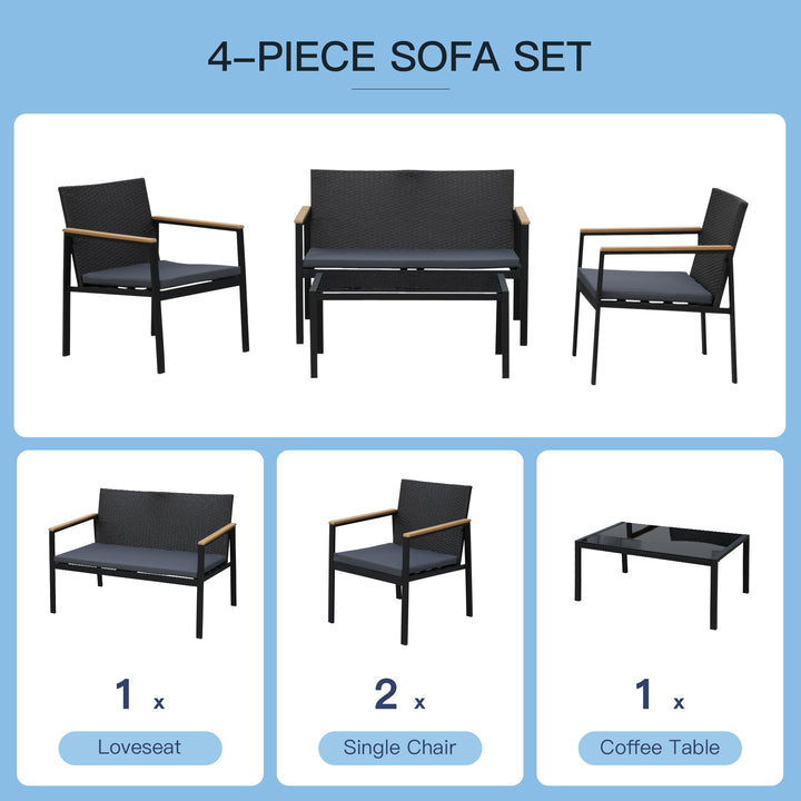 4PC Rattan Garden Furniture Set 2 Single Sofa Arm Chairs 1 Bench Loveseat with Cushions & Coffee Table Patio Backyard Wicker Weave