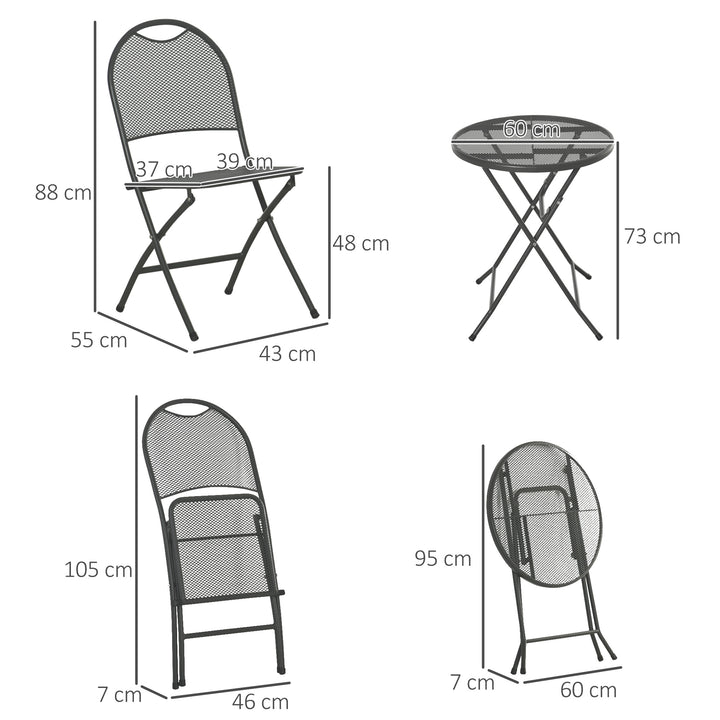 Outsunny 3 Piece Garden Bistro Set w/ Folding Design Mesh Metal Outdoor Coffee Table Set Two Chairs Black