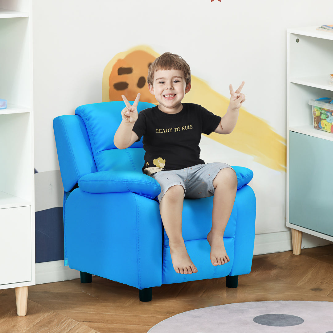 Kids Children Recliner Lounger Armchair Games Chair Sofa Seat PU Leather Look w/ Storage Space on Arms (Blue)