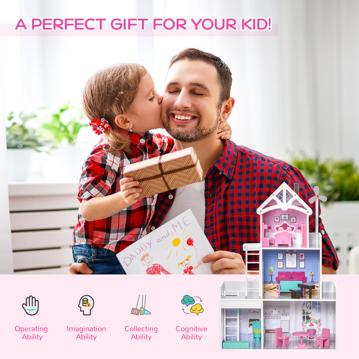 Kids Dollhouse Dreamhouse Villa for Toddler Girls Multi-level House for Children with Furniture Accessories Kit Pink