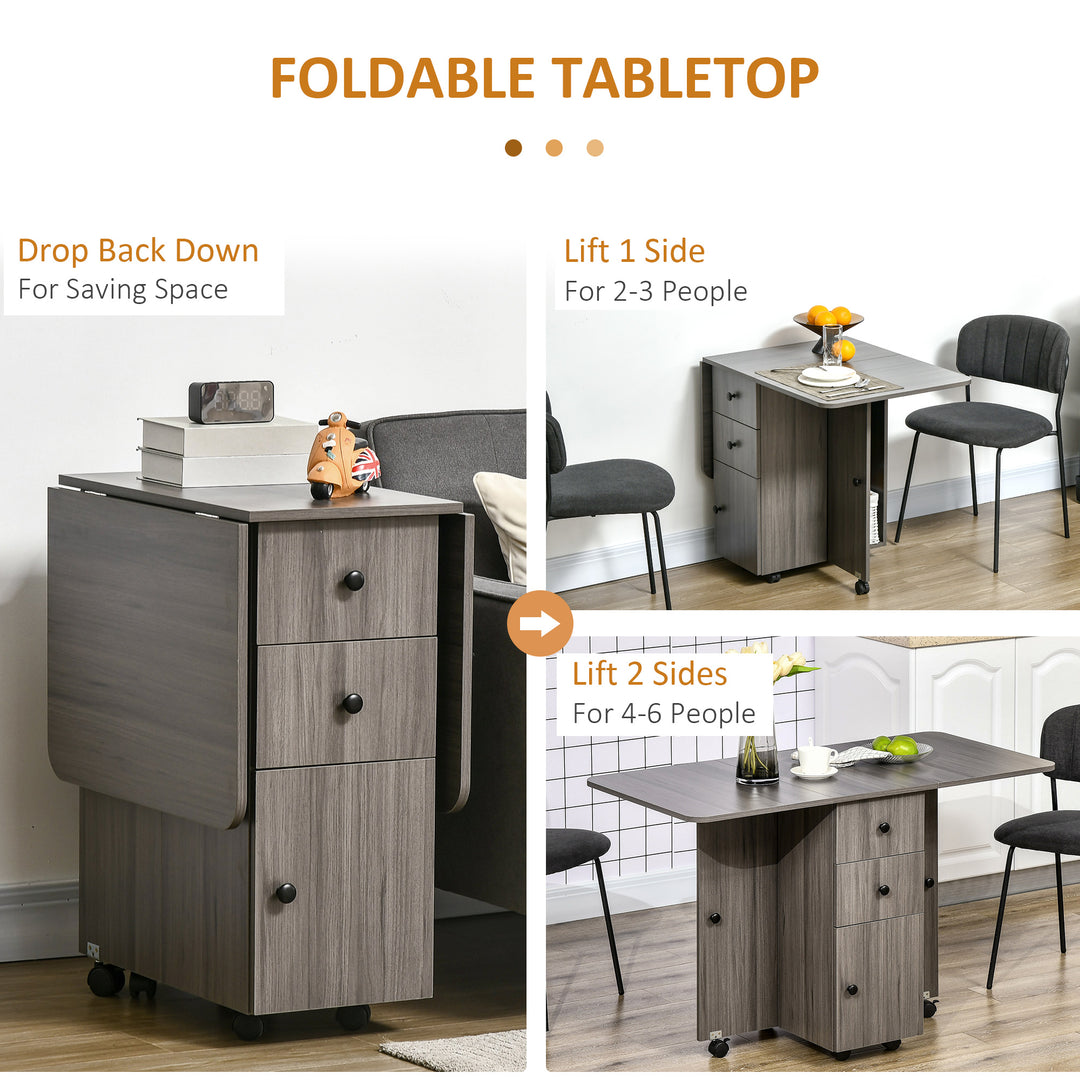 Folding Dining Table for 4-6, Rolling Drop Leaf Table with Storage Drawers, Cabinet and Open Shelf, Extendable Kitchen Table on Wheels, Grey