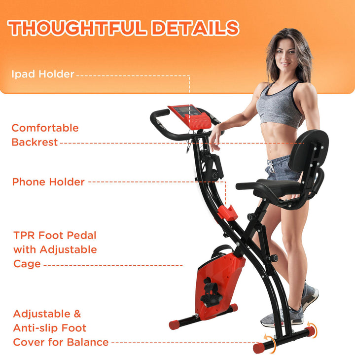 HOMCOM 2-In-1 Upright Exercise Recumbent Bike Adjustable Resistance Stationary Fitness Home Gym Foldable w/ Armrests LCD Monitor Cycling Wheels Red