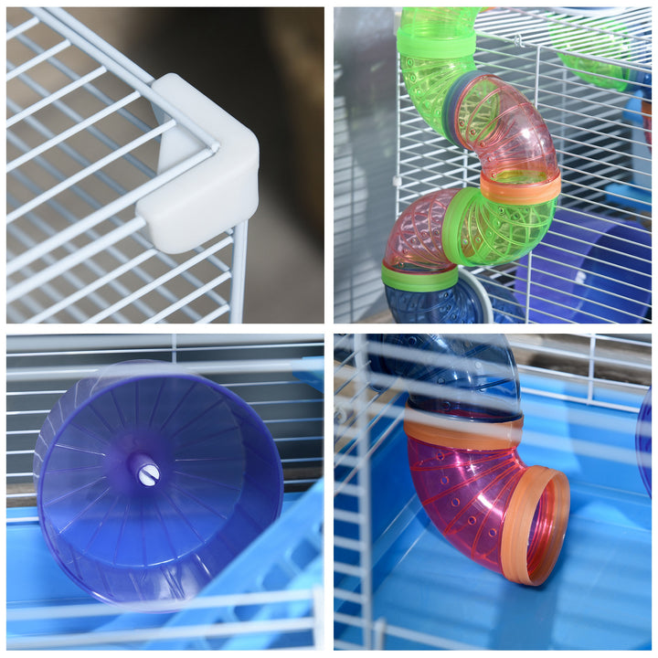 Pawhut 2 Tier Hamster Cage Carrier Habitat Small Animal House with Exercise Wheels Tunnel Tube Water Bottle Dishes House Ladder for Dwarf Mice, Blue