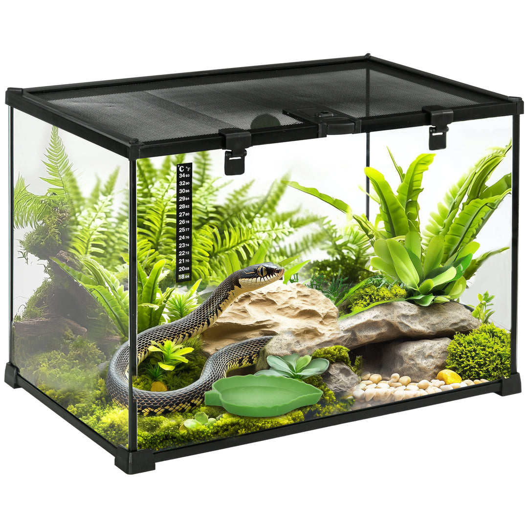 PawHut 50 x 30 x 35 cm Reptile Glass Terrarium, Reptile Breeding Tank, Climbing pet Glass Containers, Arboreal Box, with Strip Patch Thermometer-Black