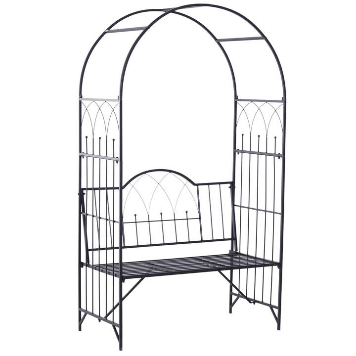 Garden Metal Arch Bench Outdoor Patio Rose Trellis Arbour Pergola for Climbing Plant Antique Style 2-Seater Chair, Black