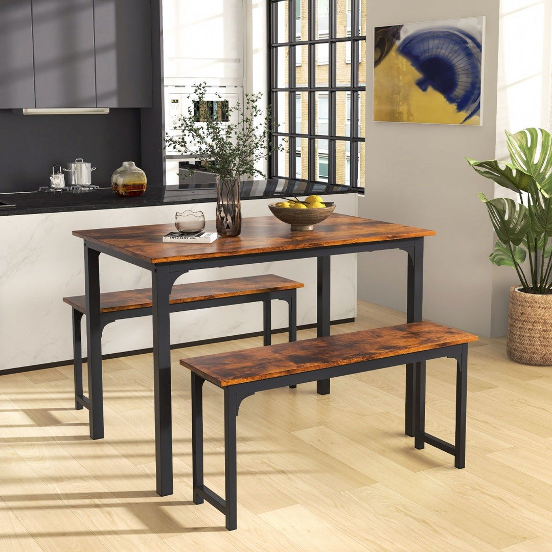 3 Pieces Space-Saving Dining Breakfast Table Set with 2 Benches-Coffee