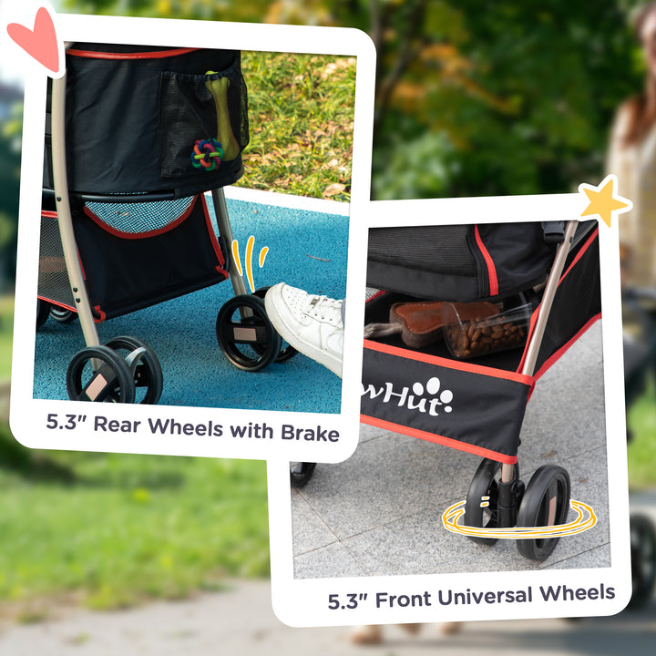 PawHut Pet Stroller Detachable 3-In-1 Dog Pushchair Cat Travel Carriage Foldable Bag w/ Universal Wheel, Brake Canopy for XS & S Sized Pets, Red