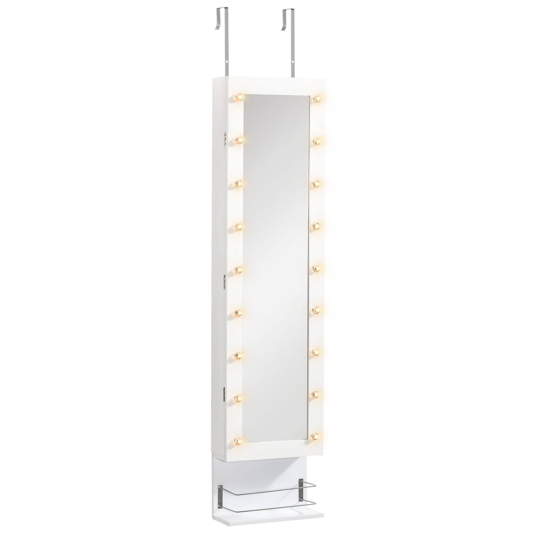 Jewellery Storage Mirror Cabinet Wall Mounted or Door Hanging w/ Hooks Shelves Drawer 18 Lights Brush Holder Vanity Makeup White