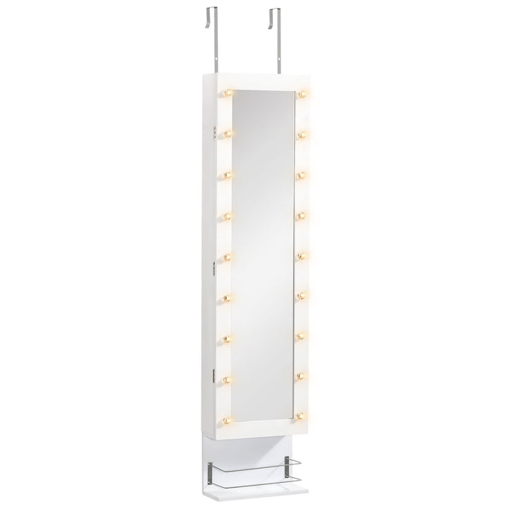 Jewellery Storage Mirror Cabinet Wall Mounted or Door Hanging w/ Hooks Shelves Drawer 18 Lights Brush Holder Vanity Makeup White