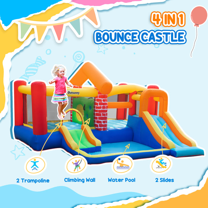 Outsunny 4 in 1 Kids Bounce Castle Extra Large Double Slides & Trampoline Design Inflatable House Pool Climbing Wall for Kids Age 3-8, 3.8x3.7x2.3m