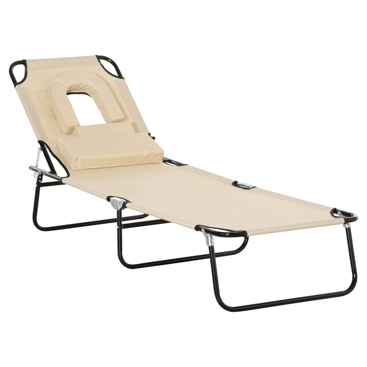 Sun Lounger Foldable Reclining Chair with Pillow and Reading Hole Garden Beach Outdoor Recliner Adjustable Beige