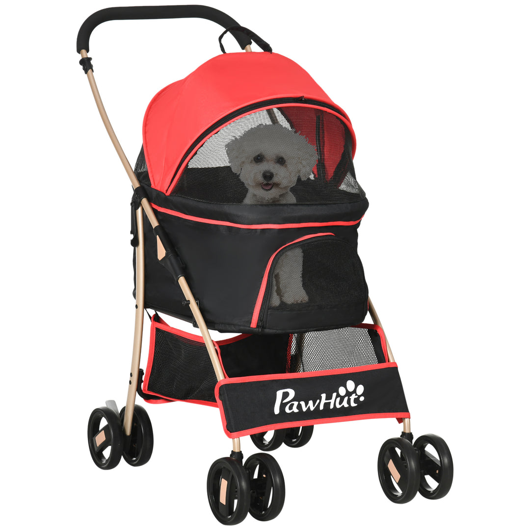 PawHut Pet Stroller Detachable 3-In-1 Dog Pushchair Cat Travel Carriage Foldable Bag w/ Universal Wheel, Brake Canopy for XS & S Sized Pets, Red