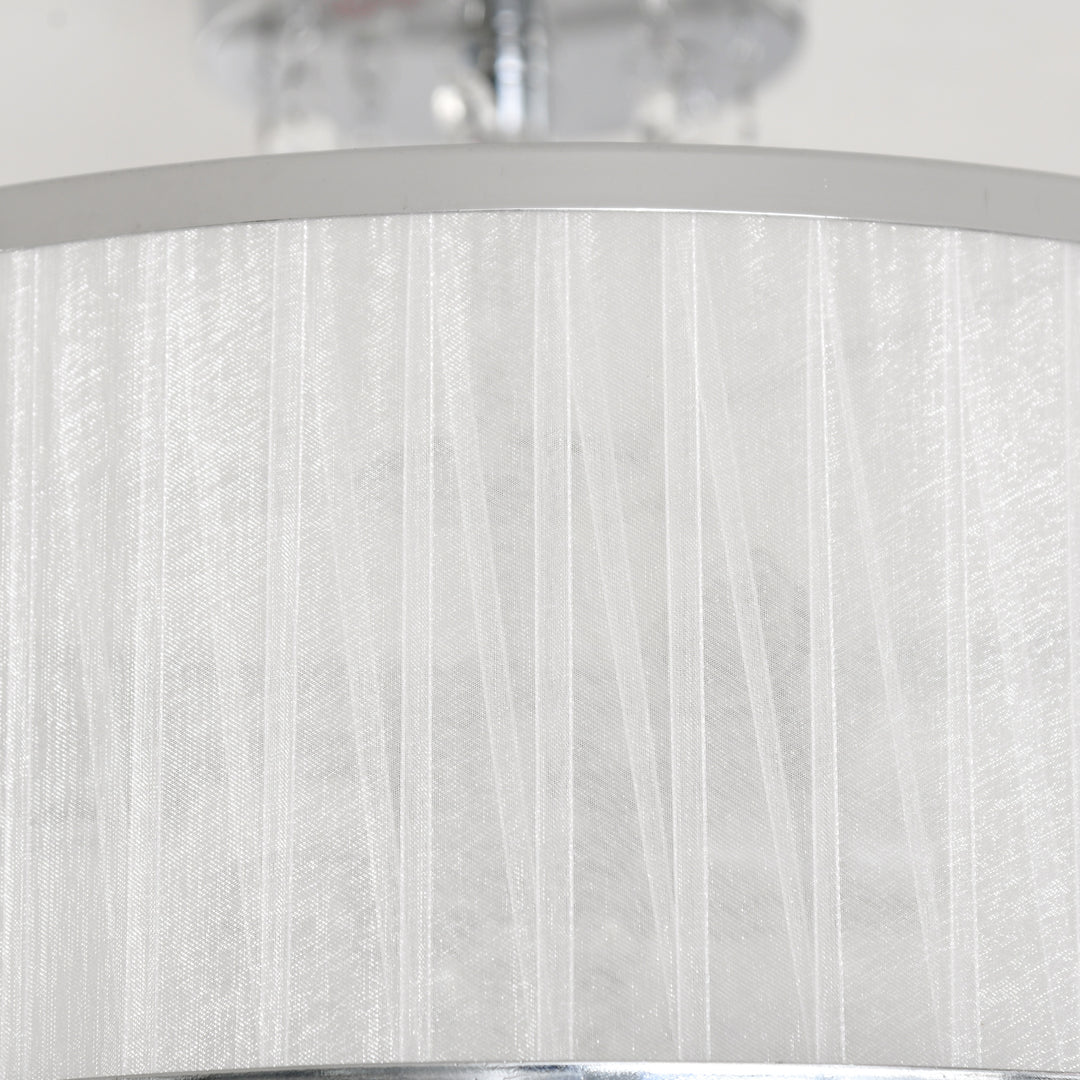 Elegant Metal Ceiling Light Chandelier with Pleated Fabric Lampshade, Decorative Crystal Pendants, for Living Room, Dining Room, Bedroom, White
