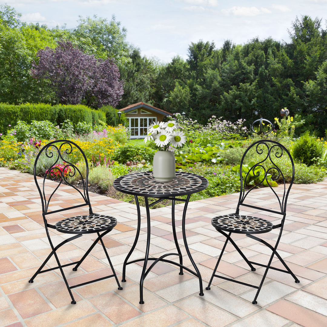 Outsunny 3 Piece Garden Outdoor Bistro Set with Coffee Table and 2 Folding Chairs, Mosaic Tile Top and Seats, Metal Frame, for Patio Balcony