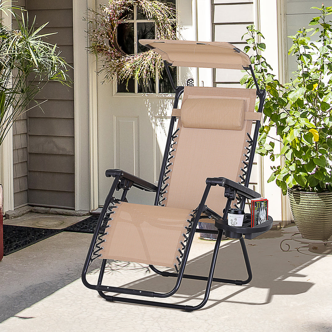 Outsunny Zero Gravity Garden Deck Folding Chair Patio Sun Lounger Reclining Seat with Cup Holder & Canopy Shade - Beige