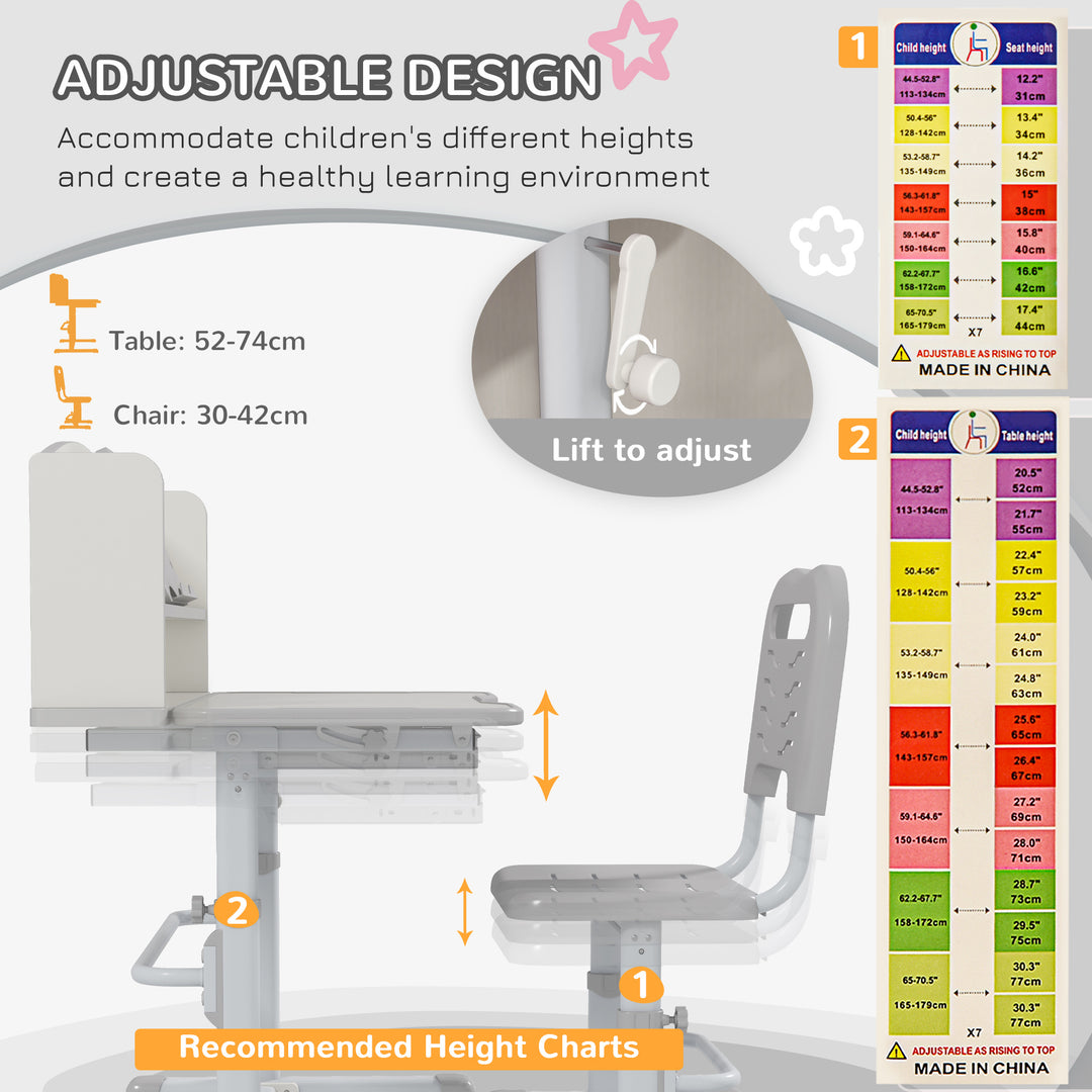Height Adjustable Kids Study Table and Chair Set, with Drawer, Storage Shelf, Grey