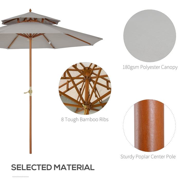 Outsunny 2.7 m Double Tier Outdoor Patio Garden Sun Umbrella Sunshade Wooden Parasol Grey Shade Canopy