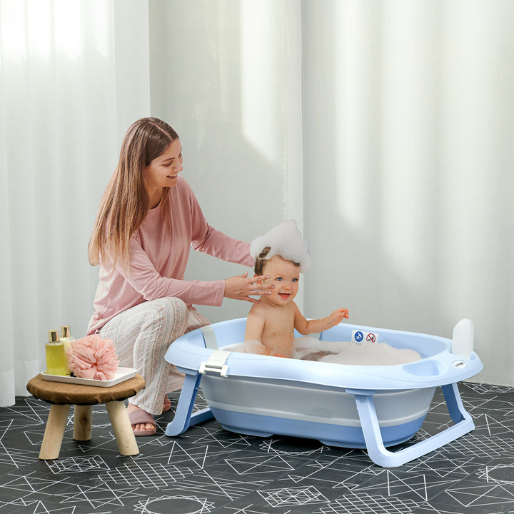 Foldable Baby Bath Tub, Bath Tub with Non-Slip Support, Cushion Pad, Drain Plugs, Shower Head Holder, for Newborn to 6 Years - Blue