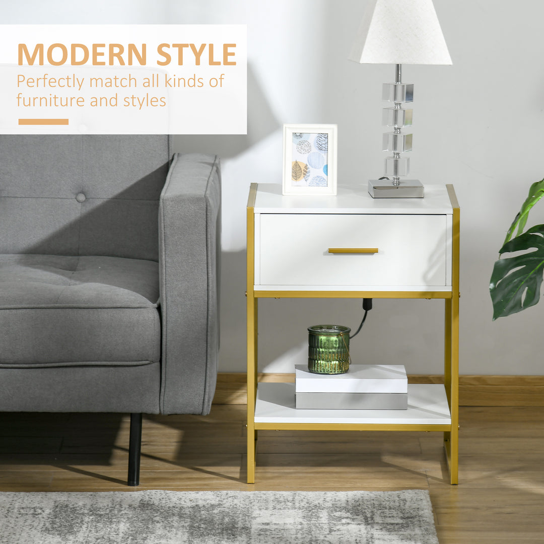 Modern Bedside Table, Bedside Cabinet with Drawer Shelf, Storage Organizer for Bedroom, Living Room, White and Gold