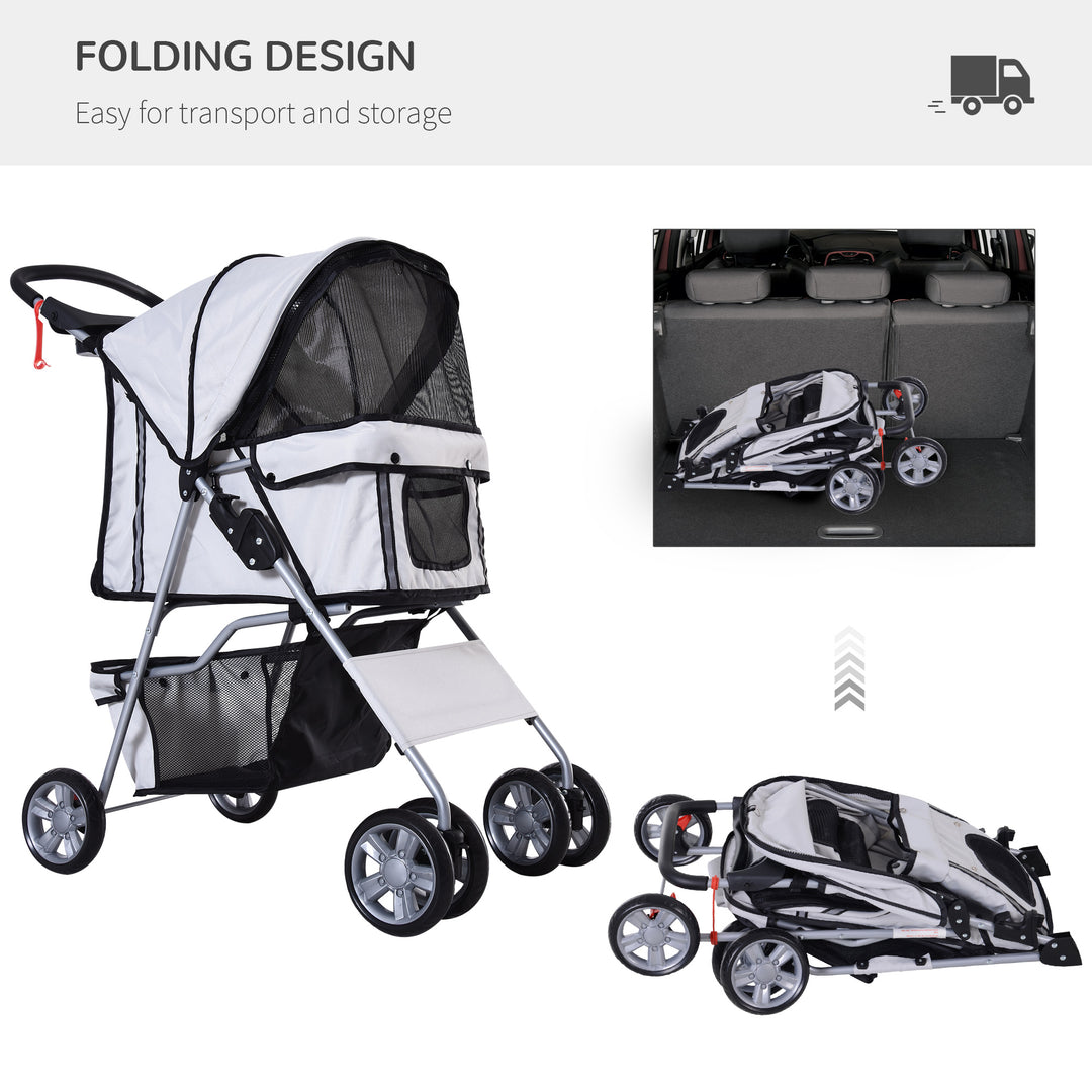 PawHut Dog Pram Pet Stroller Dog Pushchair Foldable Travel Carriage with Wheels Zipper Entry Cup Holder Storage Basket Grey