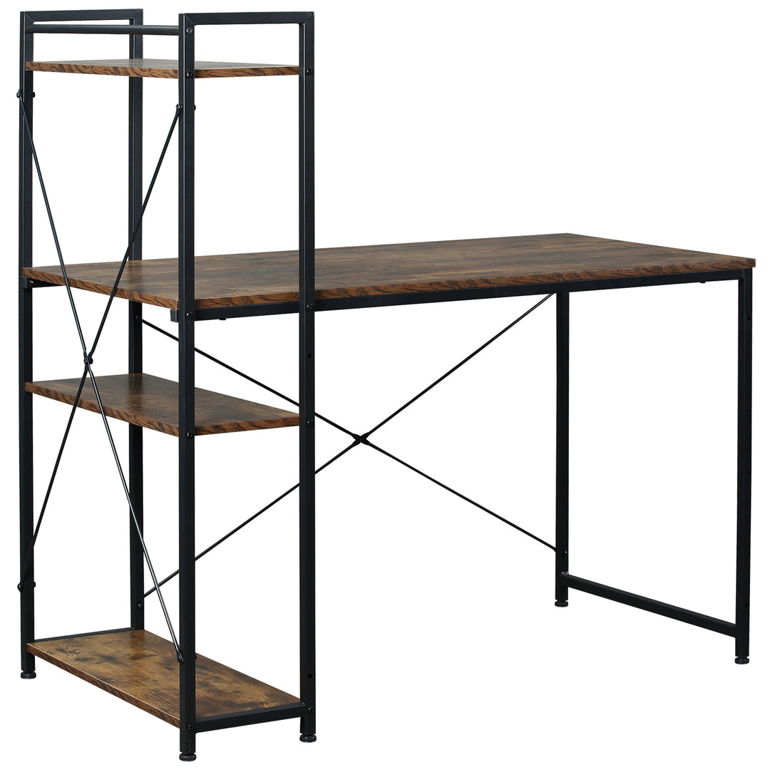 Computer Desk PC Table Study Workstation Home Office with 4-tier Bookshelf Storage Metal Frame Wooden Top (Rustic Brown & Black)