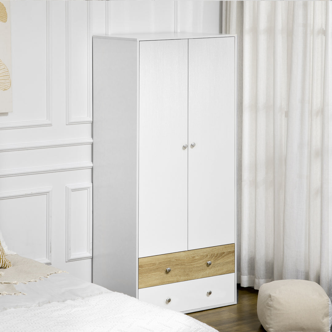 HOMCOM 2 Door Wardrobe White Wardrobe with Drawers and Hanging Rod for Bedroom Clothes Organisation and Storage