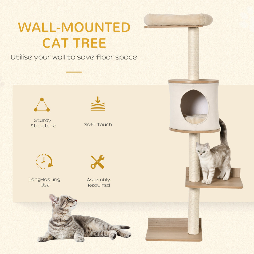 PawHut Cat Tree for Indoor Cats Wall-Mounted Cat Shelf Shelter Kitten Perch Climber Furniture w/ Condo Bed Scratching Post – Beige