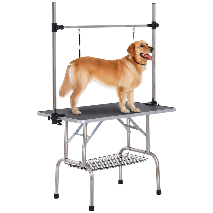 PawHut Adjustable Dog Grooming Table Rubber Top 2 Safety Slings Mesh Storage Basket Heavy Metal Black 107 x 60 x 170cm