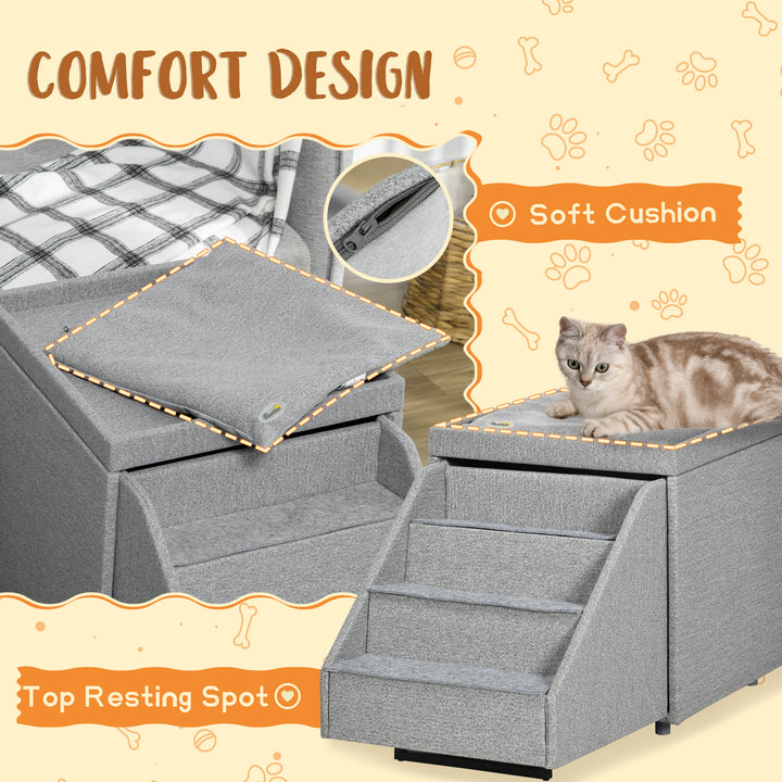 PawHut 2 in 1 Dog Steps Ottoman, 4-Tier Pet Stairs for Small Medium Dogs and Cats, with Storage Compartment