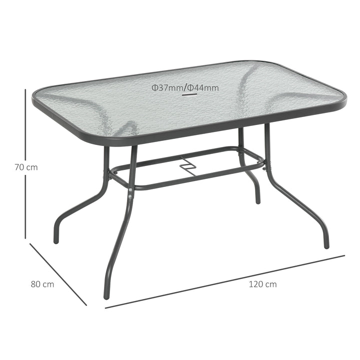 Glass Top Garden Table Curved Metal Frame w/ Parasol Hole 4 Legs Outdoor  Balcony Sturdy Friends Family Dining Table  -Grey